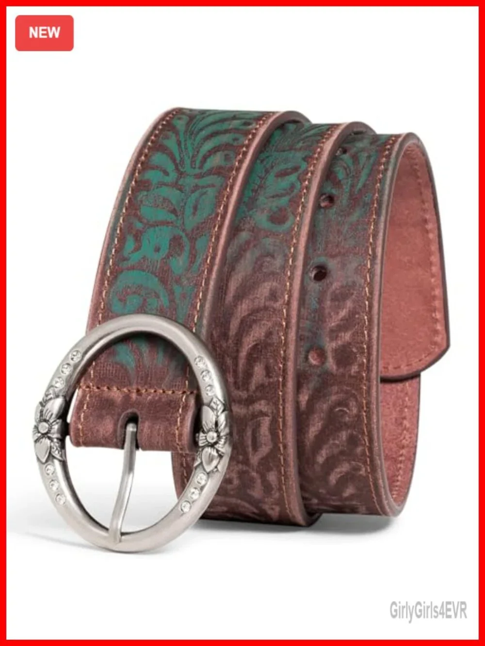 Genuine Full-Grain Leather Belt with Rhinestone Ring Buckle, Western Boho Style